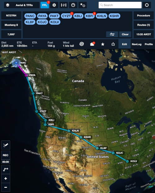 Route from Alaska to MS as flown- June, 2025 - Click for larger image