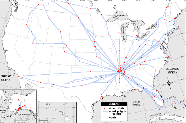 Map of Mustang II N727RH landings